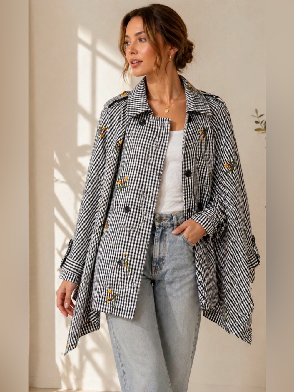 Alice Blue Gingham embroidered‎ oversized swing trench cape blouse Size M